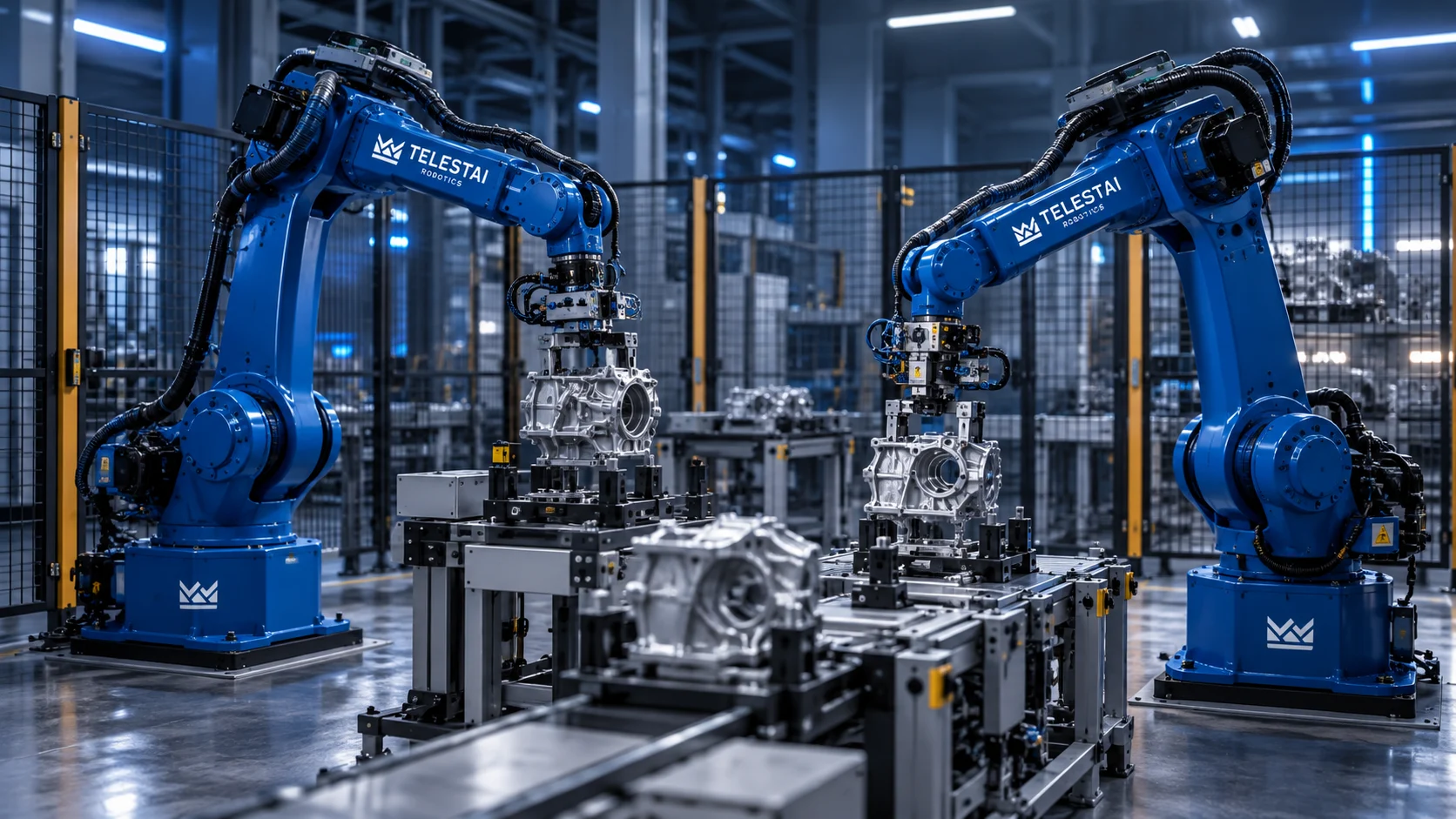 Robôs industriais azuis movimentando peças em linha de montagem — ilustração conceitual